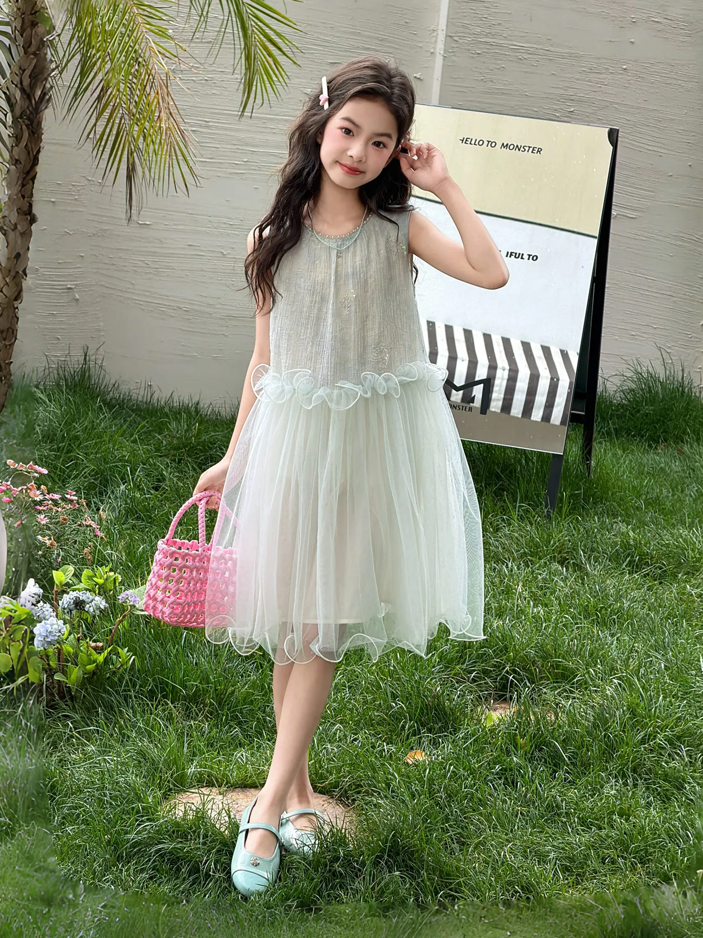 Vestido de Aniversário Estilo Princesa Sem Mangas para Meninas, Nova Chegada de Verão, Saia de Renda, Caimento Solto, Gola Redonda, Sem Mangas, Infant