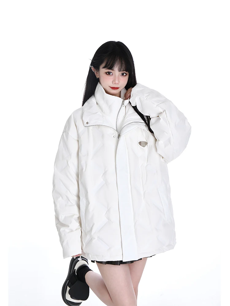 Women's Oversize White Duck down Jacket 90% Fill Power Cotton Warmth Long Sleeve Zipper Closure Straight Cut Commute Style