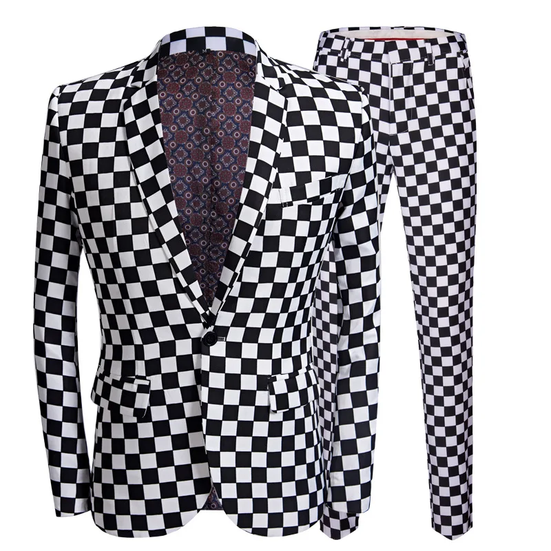 

Fashion Suit Men Black White Plaid Print 2 Pieces Set Latest Coat Pant Designs Wedding Stage Singer Slim Fit Costume