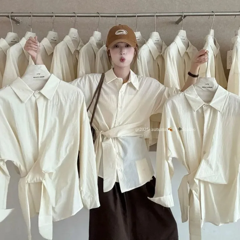 Camisas de temperamento de manga larga con tiras, nuevo estilo coreano, Tops adelgazantes de cintura con diseño de moda para primavera y otoño, versátiles