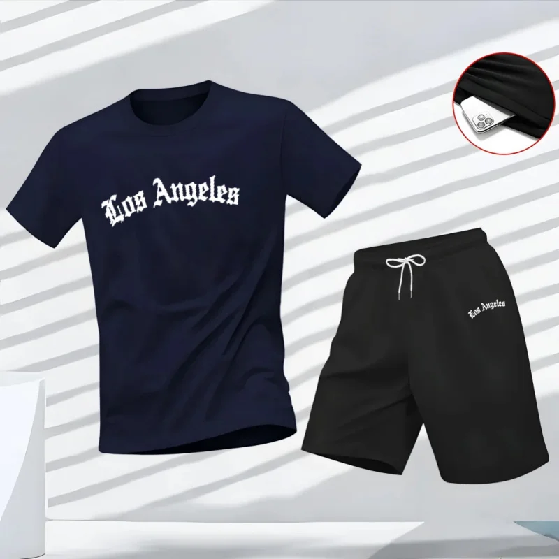 Men's Los Angeles Letter Print Tracksuit 2-Piece Set O-Neck Short Sleeve Shirt And Shorts plus Size Running Suit view 4