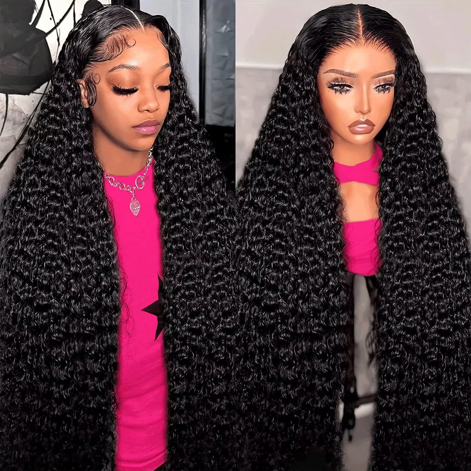 Pelucas de Cabello Humano Remy Pre-arrancado con Ondas Profundas, Color Natural, 13x6 Full Frontal, Encaje Transparente HD 360, Largo y Rizado, con Cierre 4x4 5x5
