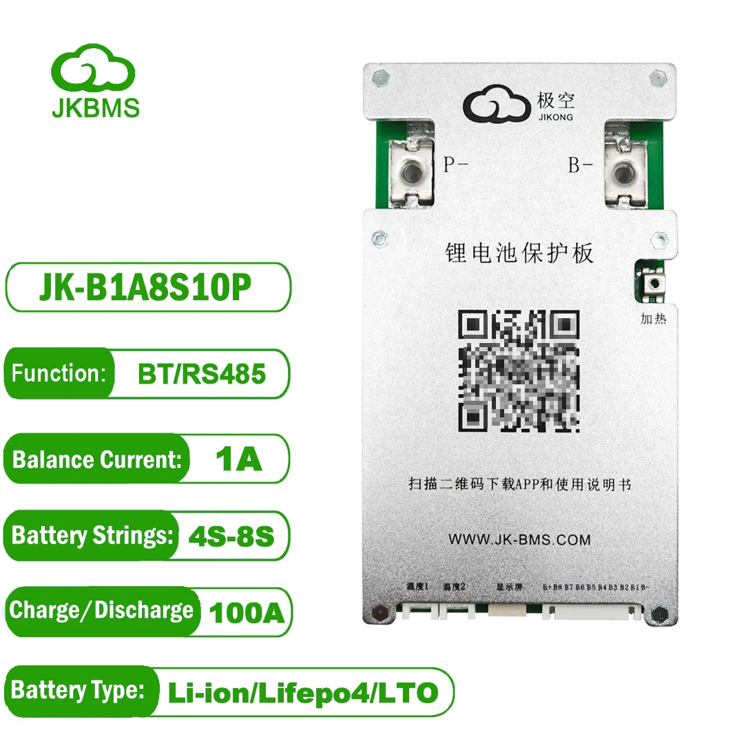 JK BMS JK-B1A8S10P JKBMS 100A 1A Active Balance 18650 Lifepo4 Battery JIKONG 4S 12V 5S 6S 7S 8S 24V Li-ion RS485 Camping Ebike