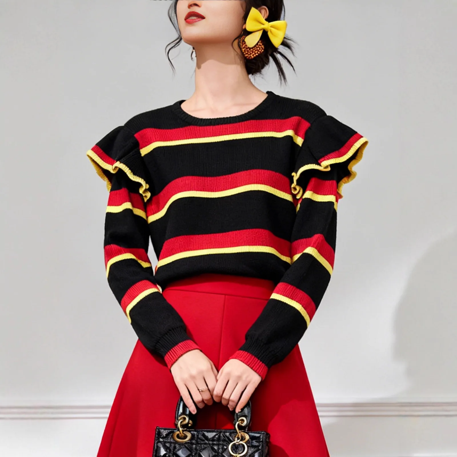 

Christmas New Striped Ruffled Contrast Color Sweater Women's Pullover Thick Sweater