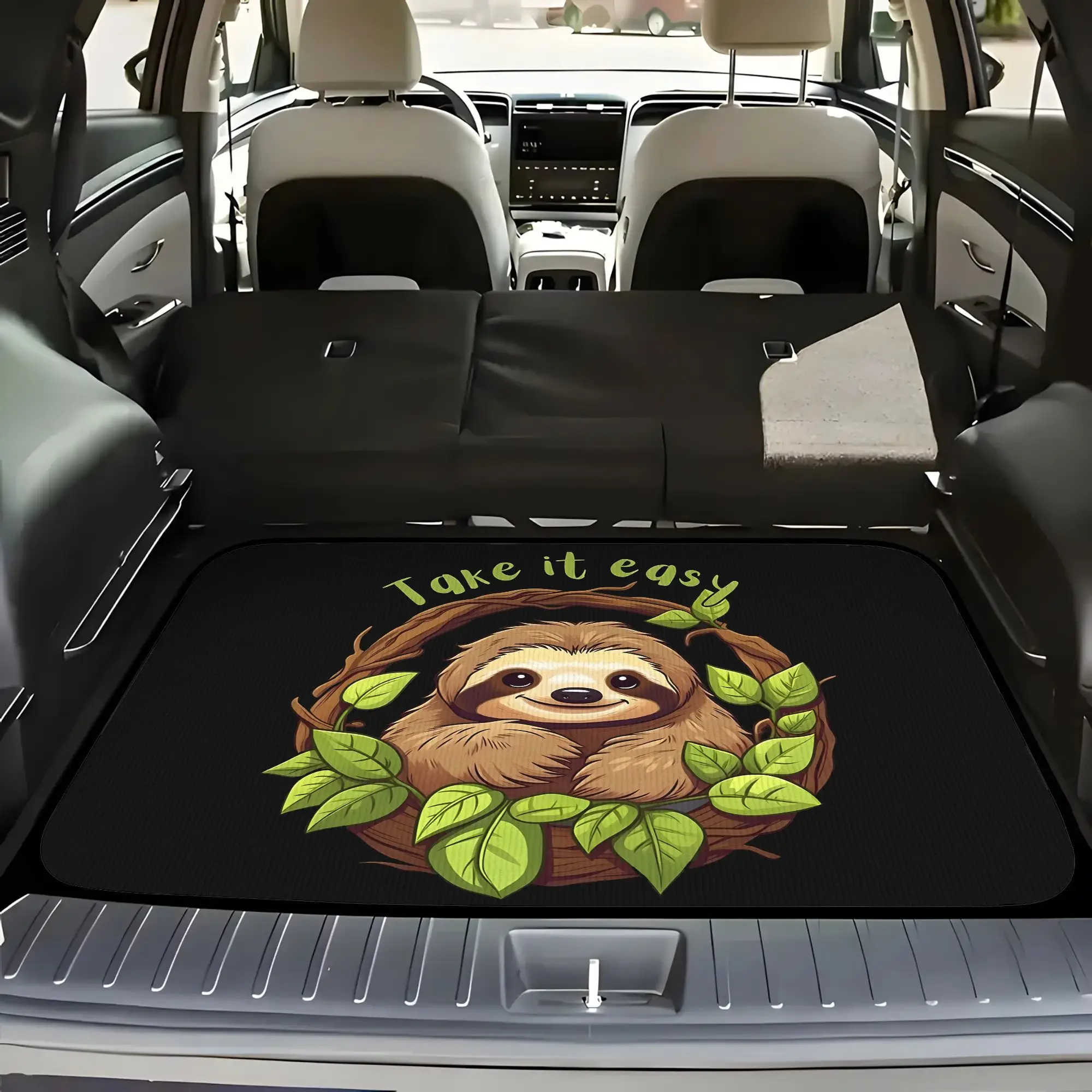2D Plane 5pcss Wreath Sloth Print Car Floor Mat Set | Trunk Liner 5pcss Set (Including 4 Floor Mats And 1 Trunk Liner) With Styl