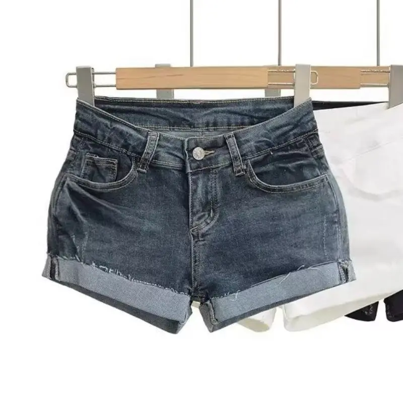 Summer New American Retro Hot Girl Cuffed Cheeky Shorts with Built-In Pads Women's High Waist Cotton Jeans Shorts Butt Enhancing
