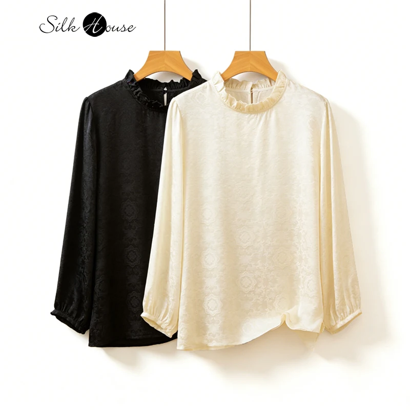 Black/White 100% Natural Mulberry Silk Jacquard SangBo Satin Women's Fungus Collar Long Sleeved Versatile T-shirt