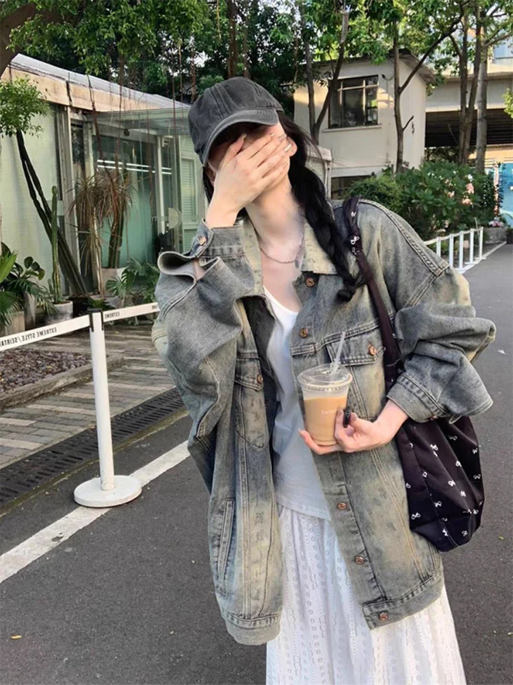 

Spring 2025 Women's Loose American Lazy Sle Denim Jaet Casual High Street Retro Coat Button ket Detail Long Sve Pol...