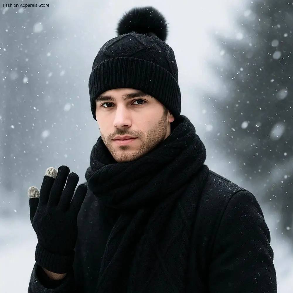 

Fashion Elastic Scarf and Hat Set Touch Screen Warm Cold Proof Gloves Plush Ball Acrylic Fibers Woolen Hat Men