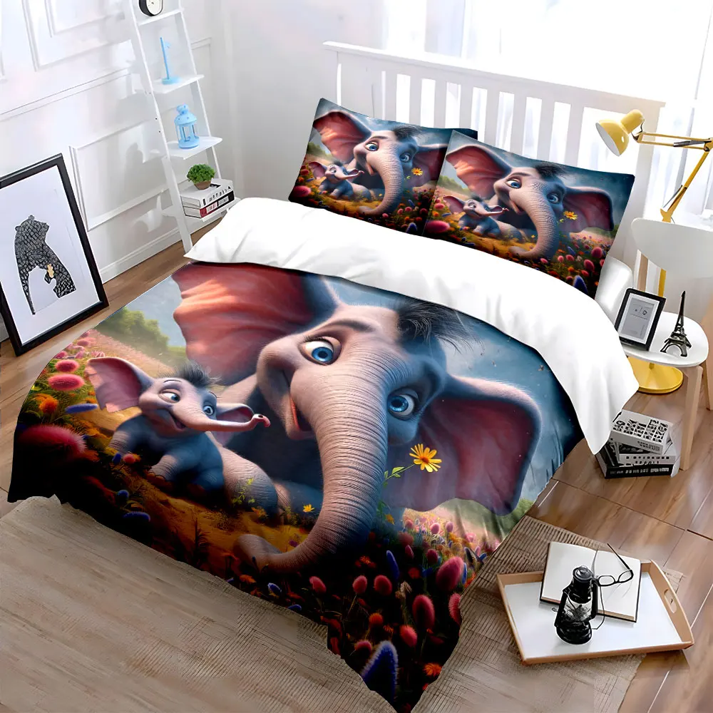 Gentle elephants in colorful meadow Print Bedding Set 1 Duvet Cover 2 Pillowcases for Adult and Children Luxury Gift Full Size