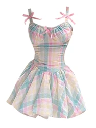 Summer French Vintage Coquette Mini Plaid Dress Women 2000s Aesthetic Gyaru Mori Girl Frocks Evening Party One-Piece Prom Gown