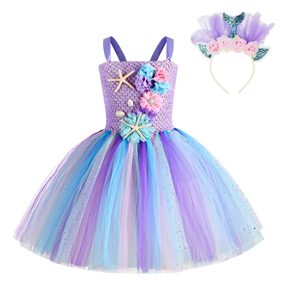 

Costumes with Flower Headband Ocean Halloween Dresses Girls Mermaid Dress Under the Sea Theme Birthday Party Carnival Dresses