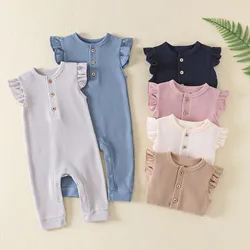 Newborn Girl Summer Romper Ribbed Knitted Jumpsuit Ruffles Sleeve Baby Pajamas Play and Sleep Suit Infant Cotton Footless Outfit