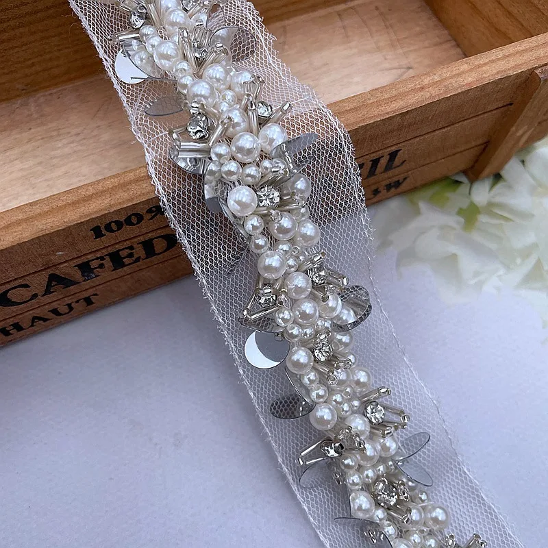 

White Handmade Beaded Lace Trim Sequin Pearl Lace Trim Clothing Collar Decoration DIY Accessories