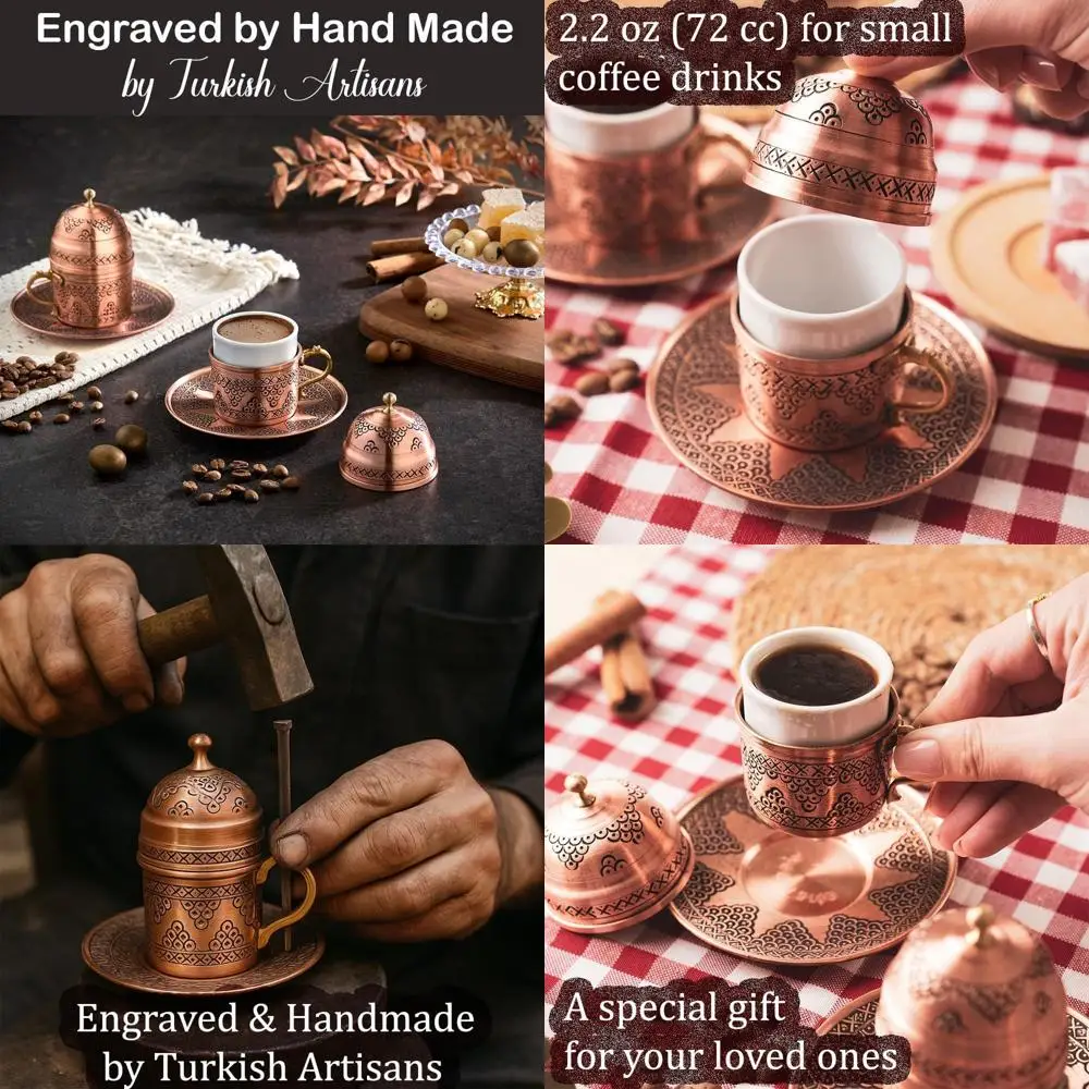 

Vintage Handcrafted Mini Copper Arabic Coffee Set with Lid, 2 Cups & Saucers, Porcelain Inner, Unique Antique Design for Home Es