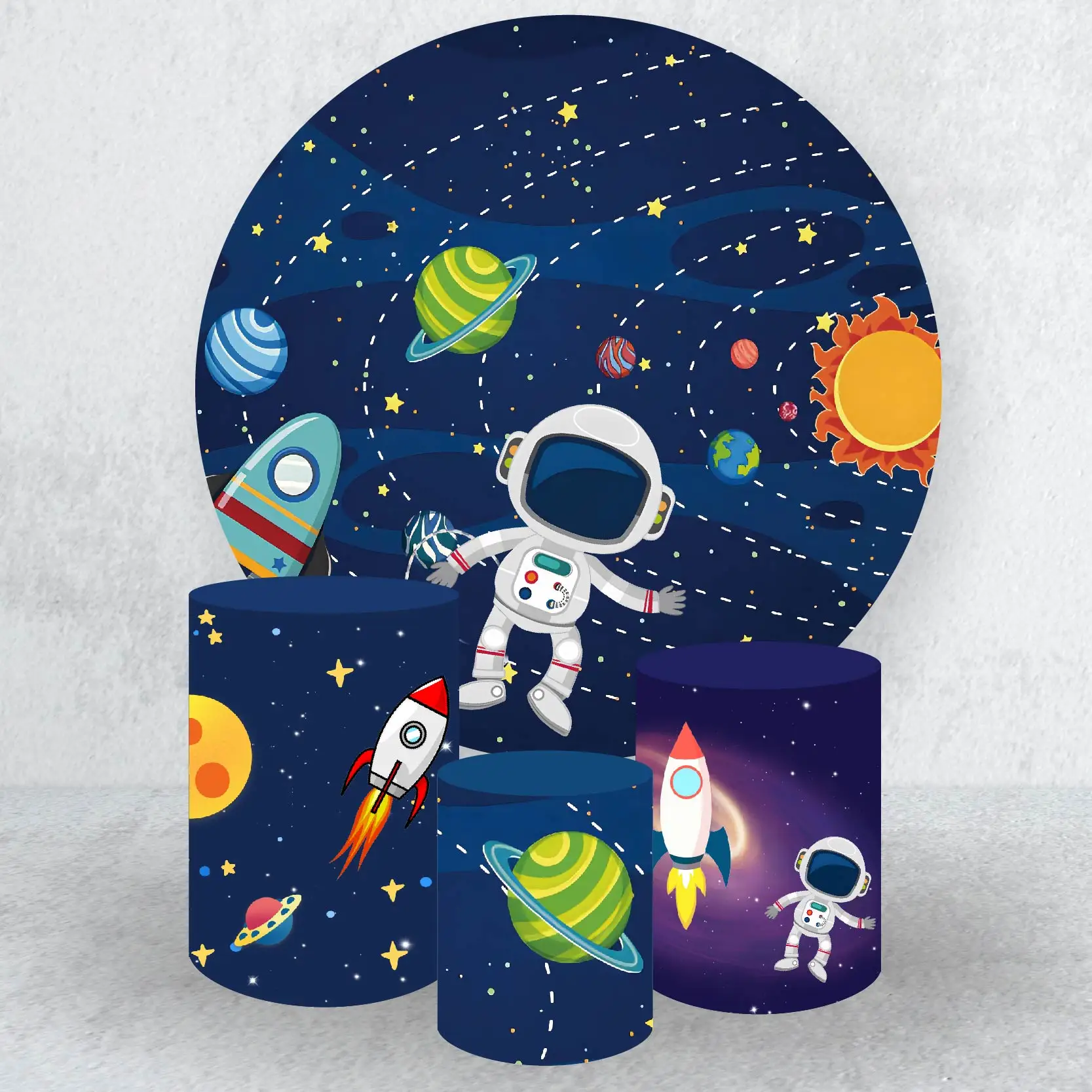 

Spaceman Round Backdrop Circle Banner,Space Cylinder Plinth Covers,Baby Shower Party Supplies, Birthday Background Decoration