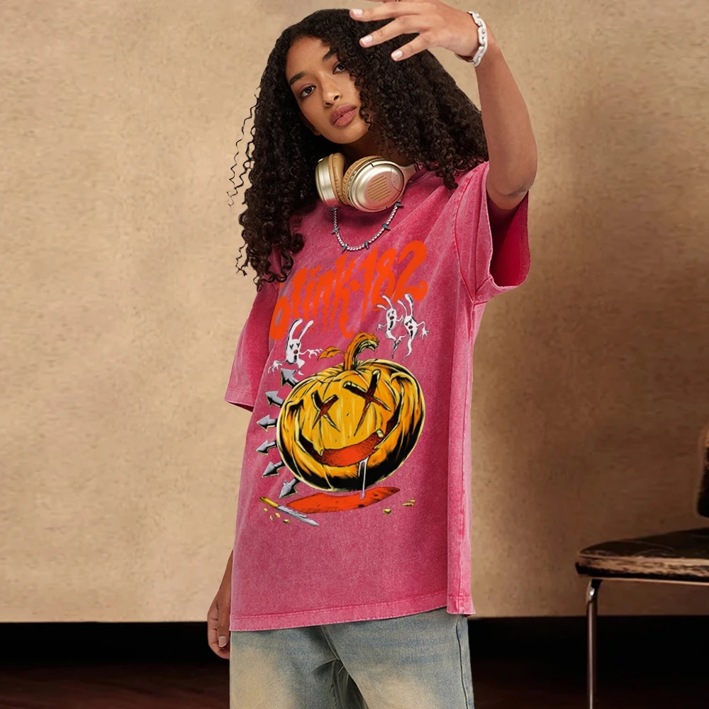 Contrasting Color Fashion Short Sleeve Halloween Pumpkin Print Loose Washed Denim Loose Trend Designer New Short Sleeve