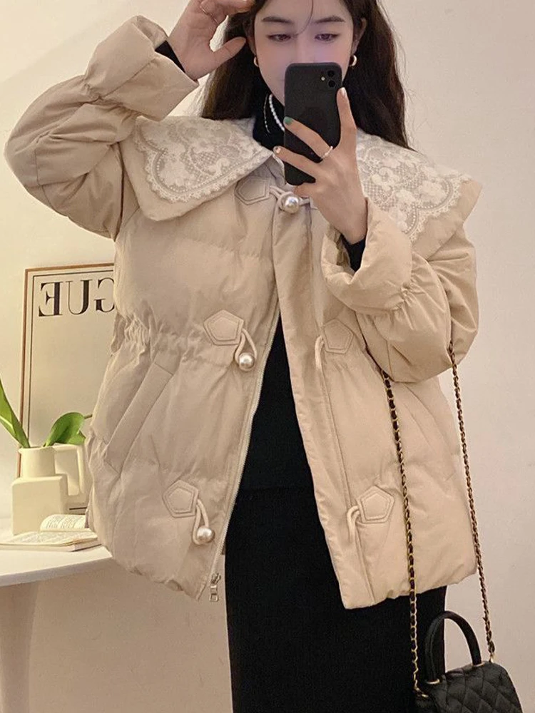 Oversized Warm Parkas Women Winter Long Sleeve Cotton Quilted Coat Female Korean Fashion Sweet Lace Doll Collar Loose Outerwear