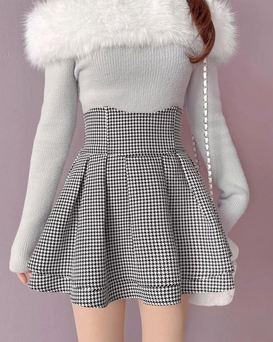Kawaii Houndstooth High Waist Pleated Skirt Women Sweet Jirai Kei A Line Mini Skirt Female Harajuku Streetwear Summer Chic Oufit
