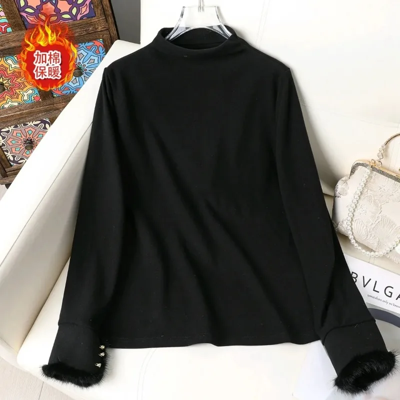 Chinese Style Women Autumn Winter Fleece De Velvet Half High Neck Long Sleeve Shirts Slim Basic Inner Tops