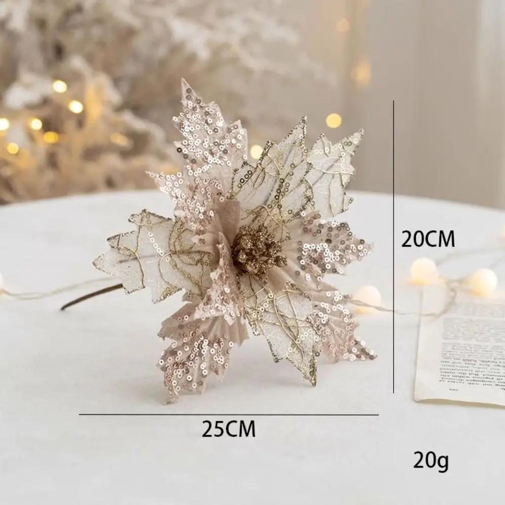 ผ้าพลาสติกคริสต์มาสประดิษฐ์ดอกไม้ 25 ซม.ตกแต่ง DIY Xmas Tree ตกแต่งเครื่องประดับ Glitter Poinsettia ใหม่ปี