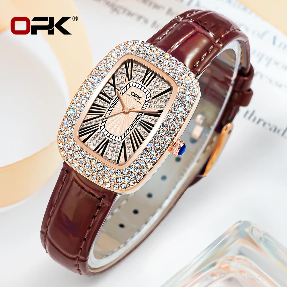 OPK Quartz Women\'s Watch Premium Business Soft Fashion Leather Strap Elegant Luxury Roman Scale Diamond Dial Women\'s Watch 8616