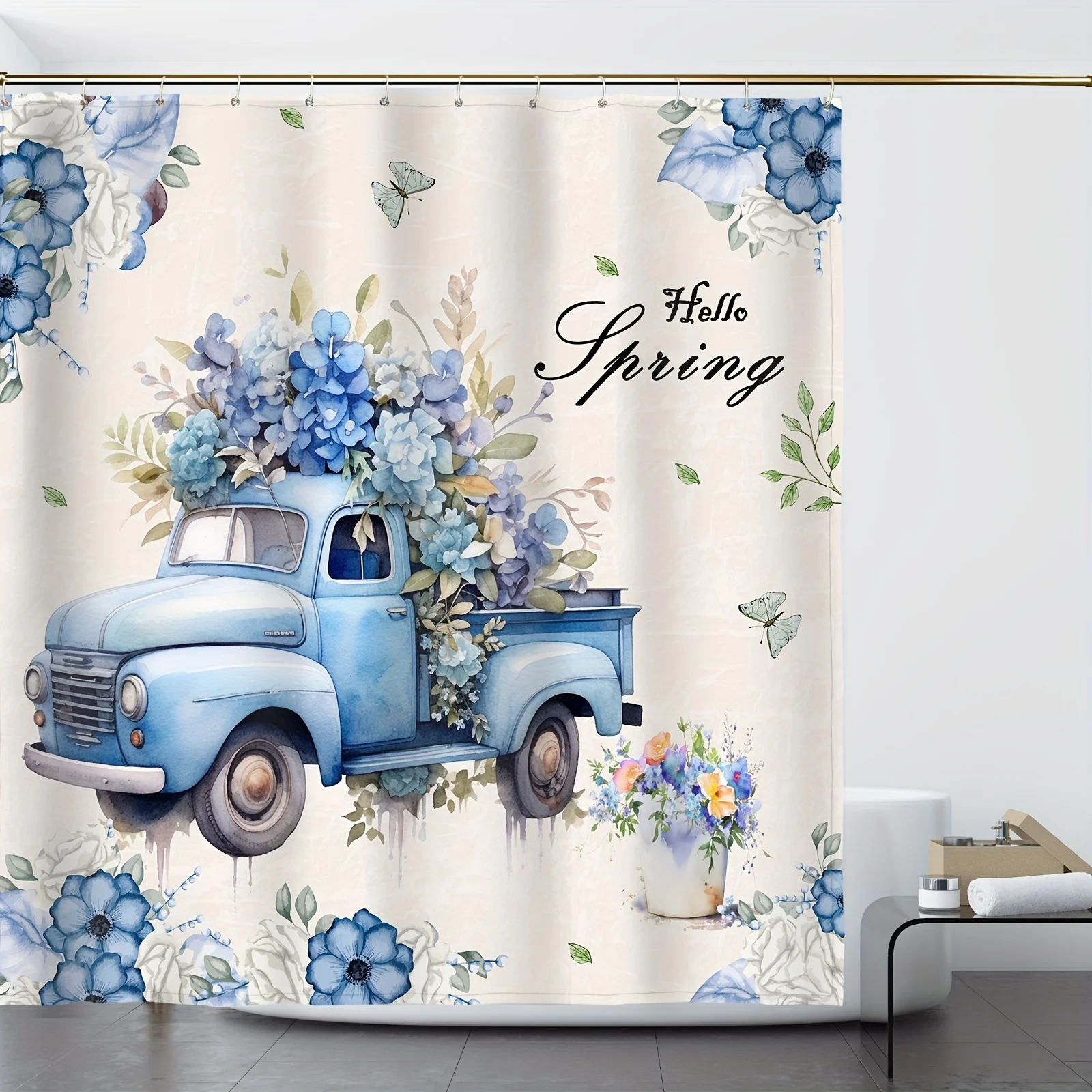 Charming Spring Bathroom Four-Piece Set - Delightful Design with a Vintage Blue Truck Laden with Flowers, Perfect for Adding