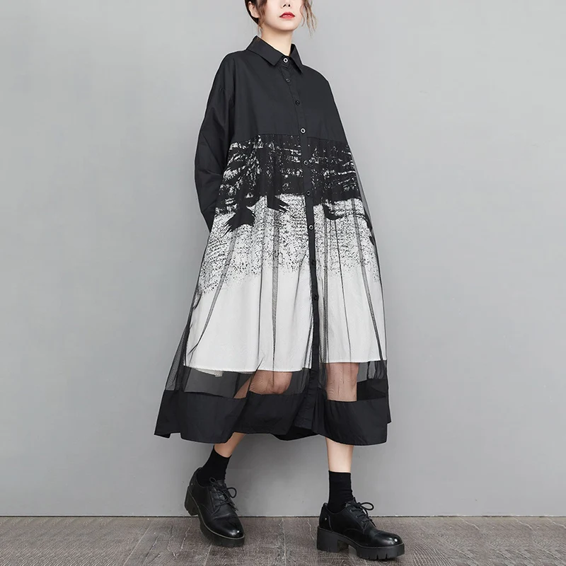 Mesh Patchwork Print Shirt Dresses For Women Long Sleeve Loose Casual Vintage Dress Fashion Elegant Clothing Spring Autumn 2026