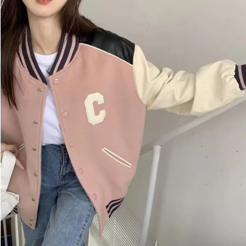 Streetwear Bomber Jacket Women Loose Varsity Jackets Embroidery College Uniform Harajuku Fashion Korean Pink Baseball Coat New