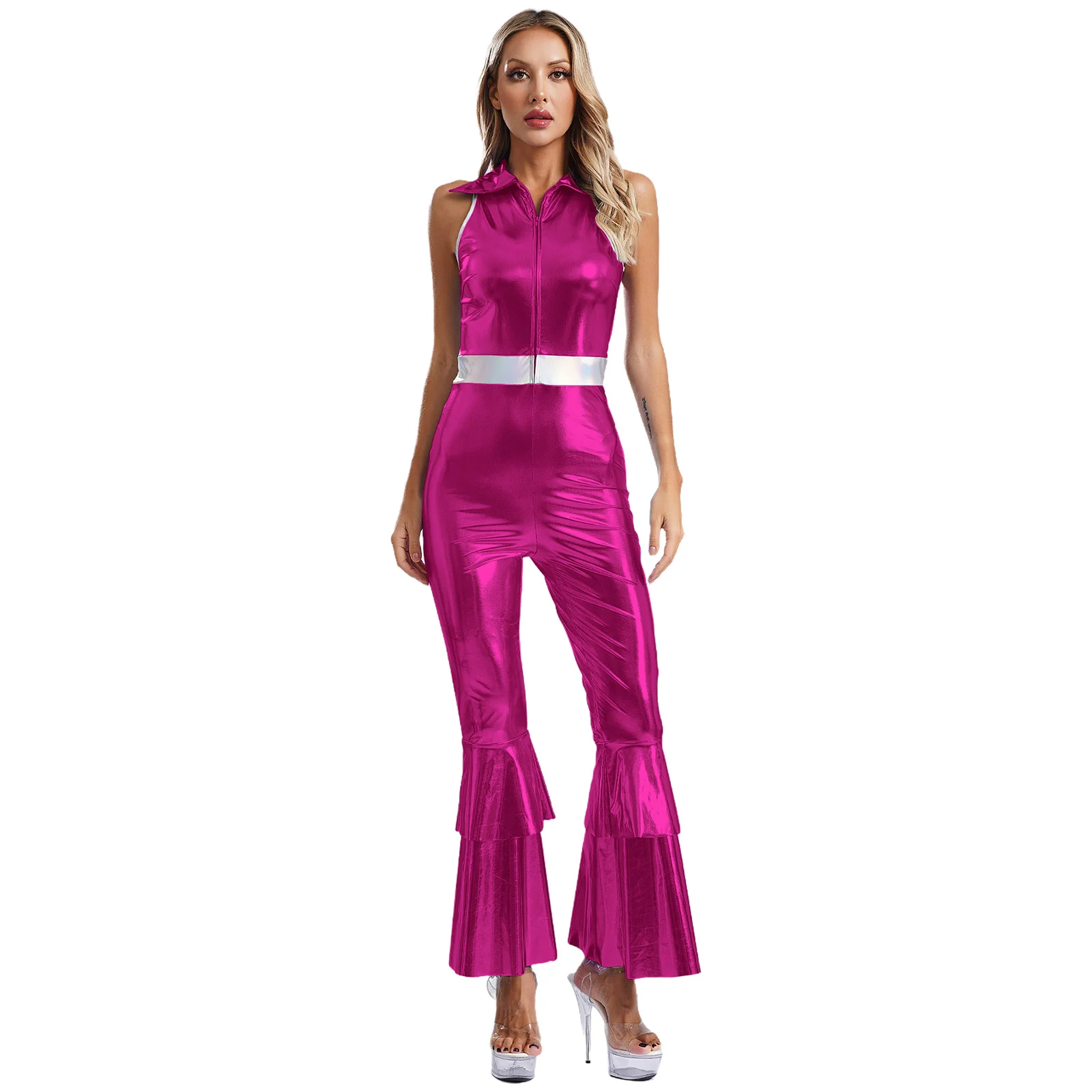 

Women Shiny Metallic 70s 80s Disco Jumpsuit Sleeveless Vintage Hippie Flared Rompers Jazz Ballroom Dance Carnival Party Costume