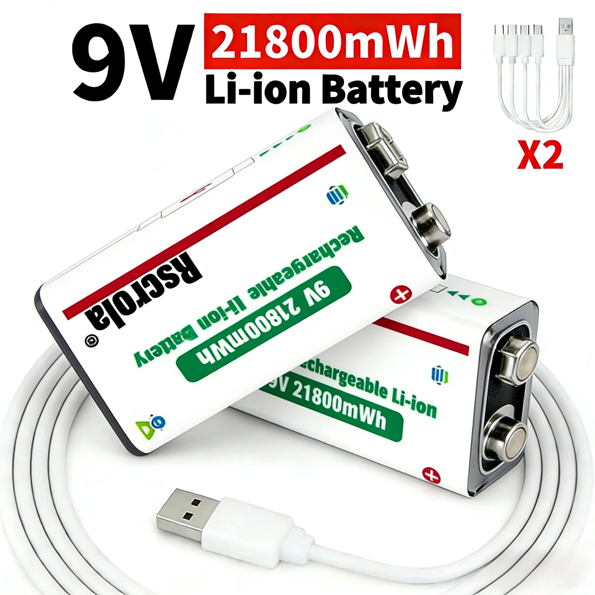 

9V Rechargeable Battery 21800mWh High Capacity Li-ion with Cable for Guitar Pedal Microphone Smoke Detector