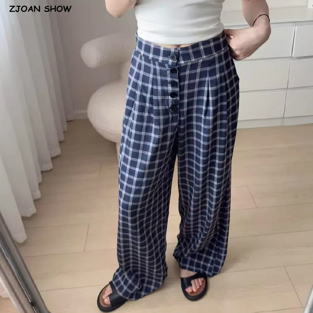 2024 American Retro Women Open Buttons High Waist Tailored Straight Trousers Checked Blue Plaid Wide Leg Pants Korea Clothes