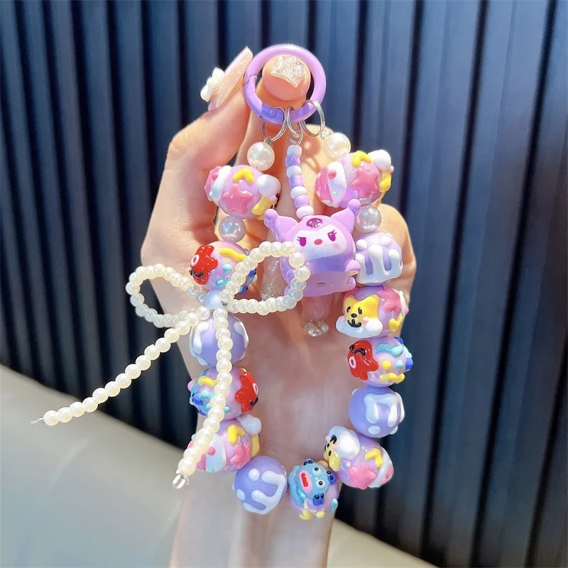 

Kawaii Sanrio Kuromi phone chain W/Card bow beads Melody Cinnamoroll earphone sleeve charm wrist strap pendant bag embellishment