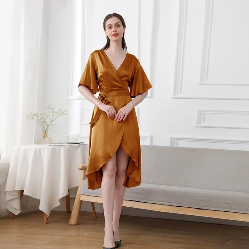 Slim Waist 100% Mulberry Silk Elegant Midi Dress V-neck Lace Up Sexy Dress Ruffled Female Home Beach Dresses Satin Night Dress