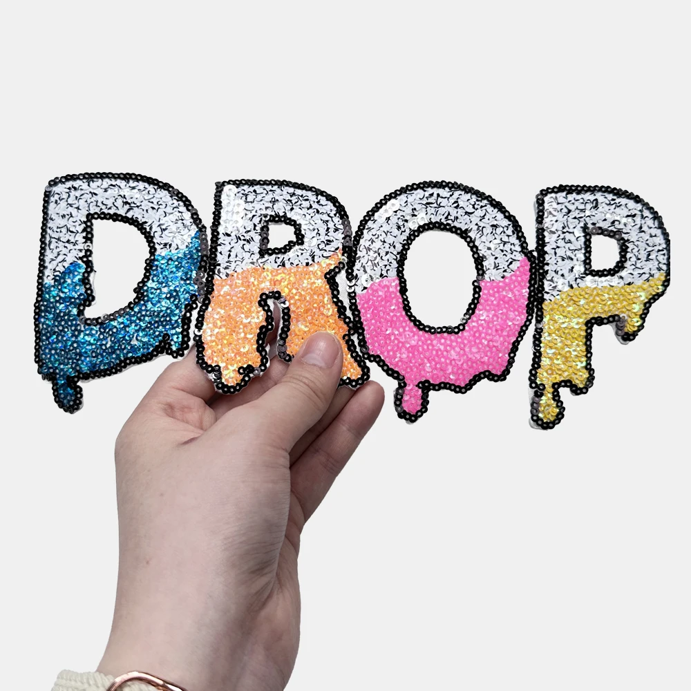 1 Piece 24*9.5 cm Sequined Letter DROP Patch Fashion Shining Iron on Patch for Clothing DIY Decoration Accessories Back Adhesive