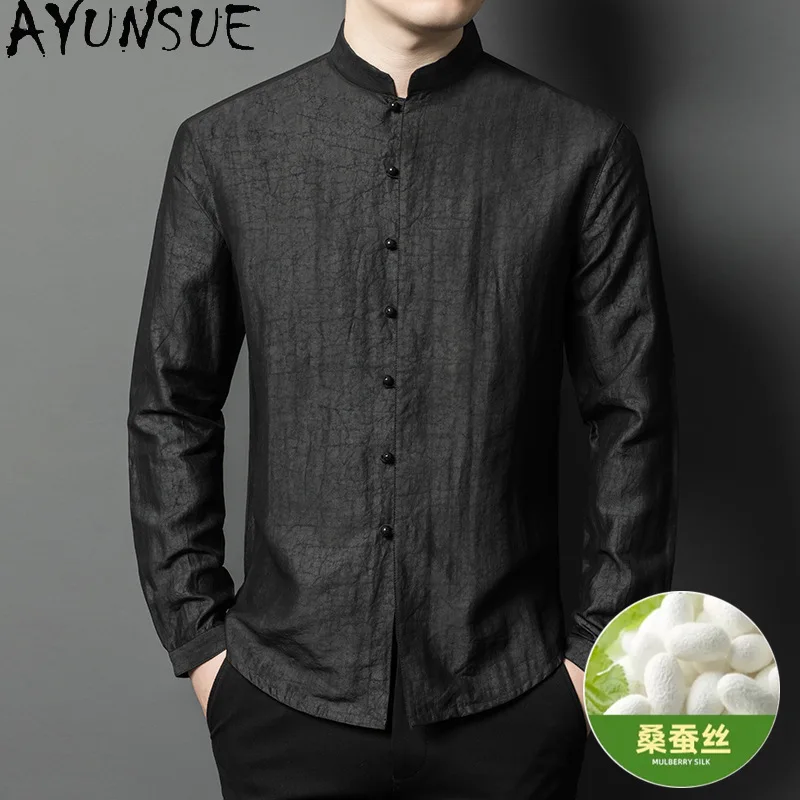 AYUNSUE High-end 100% Real Mulberry Silk Shirt Men Clothing Spring Autumn 2026 Long Sleeve Shirts Luxury Gauze Silk Tops Casual