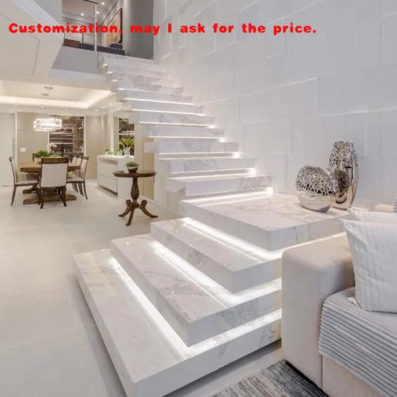 

custom.Floating Stair Kits Marble/wooden Staircase Design Indoor Glass Railing Marble Stair Steps Modern Stairs