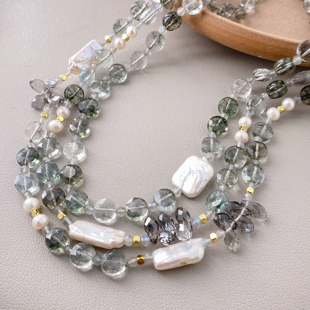 

kkgem 3 strands natural White keshi Pearl 10mm green Rutilated Quartz faceted Coin BeadsCollar Necklace