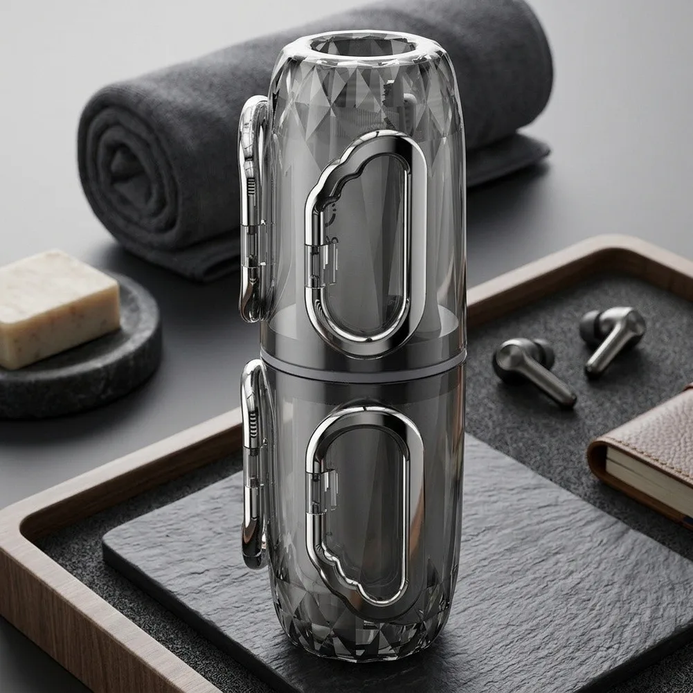 Travel Toothbrush Storage Case with 2 Removable Rinse Cups Dustproof Snap Buckle Design for Toothbrush and Accessories PET Black