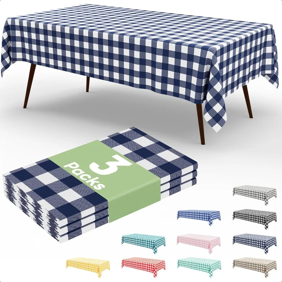 

3 Packs Buffalo Table Cloth 54 x 108 Inch Waterproof Plastic Tablecloth Rec White and Navy Checkered Table Covers for Picnic B