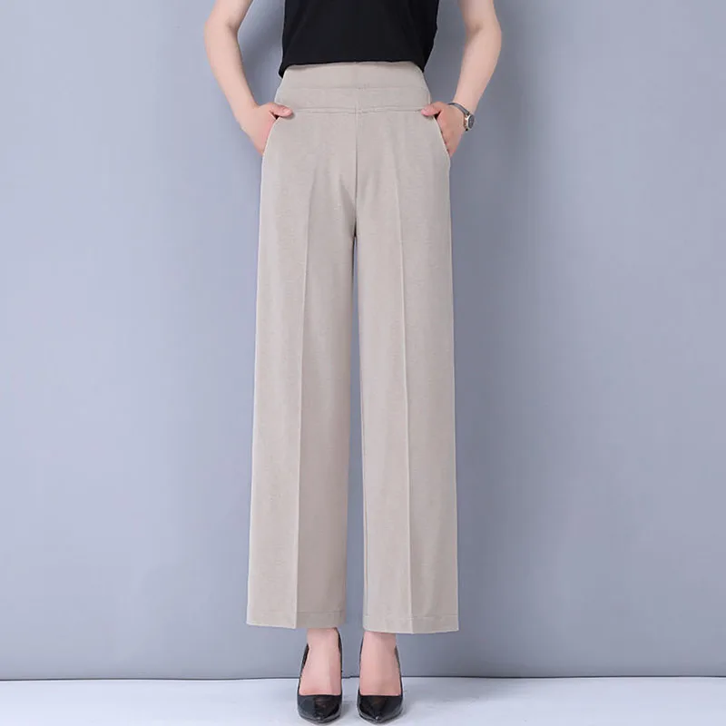 Office Lady Fashion Loose Solid Wide Leg Pants Women Spring Autumn High Waist Elastic Casual Big Size Straight Trousers 2023 New