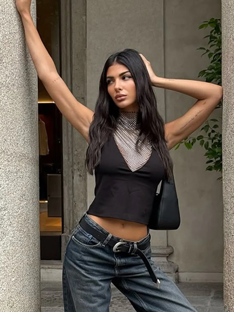 

Weird Puss Mesh Silk Patchwork Tank Top Women O-Neck Simple Wild New Style Hottie Sexy Stretch Slim Street Midnight Clubwear