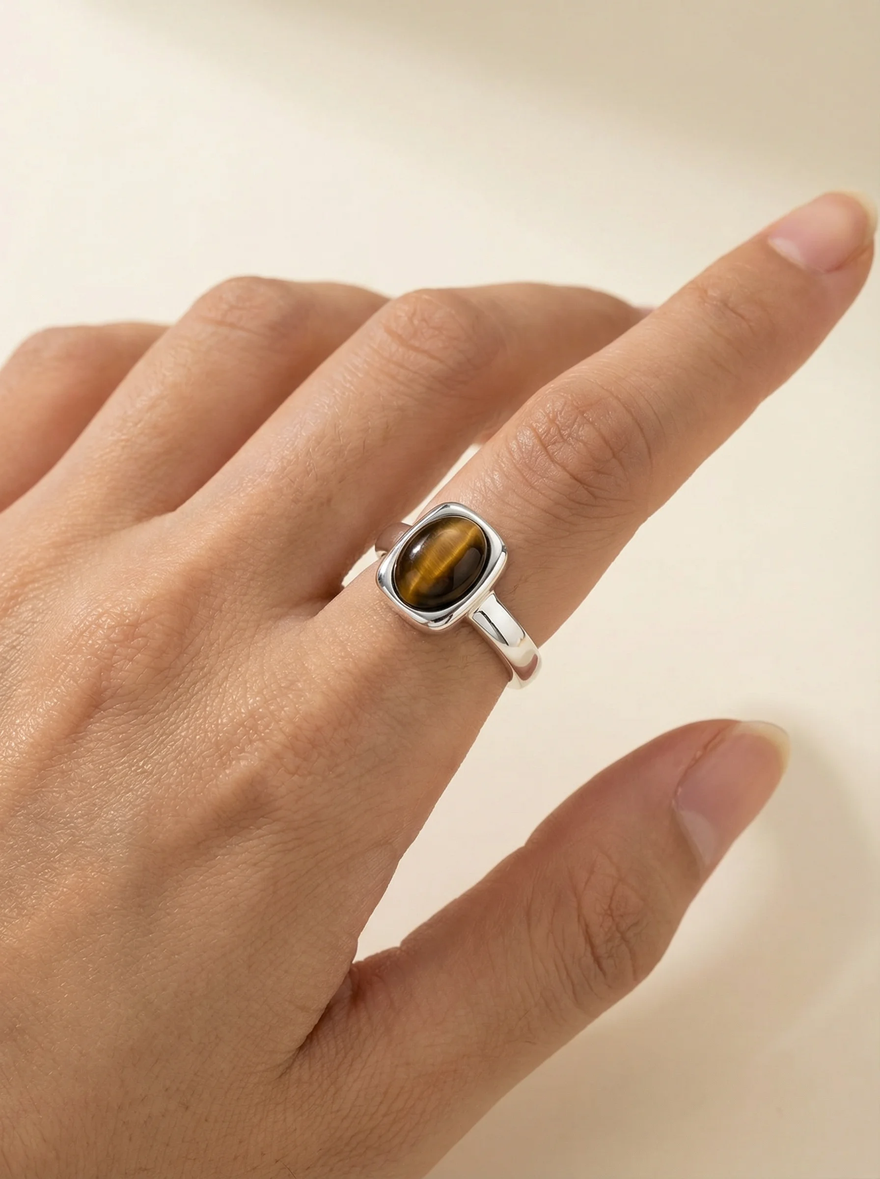 PANJBJ 925 Sterling Silver Tigereye Ring for Women Geometry Retro Versatile Design Finger Jewelry Female Gift Dropship Wholesale