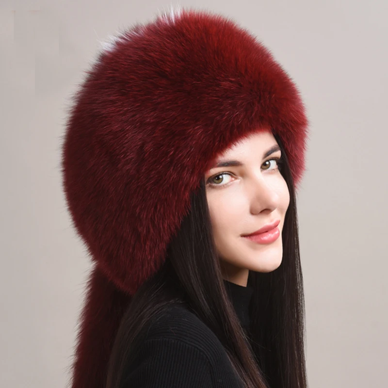 Winter Fur Hat Women Natural Raccoon Fox Fur Russian Hats Winter Outdoor Thick Warm Bomber Ears Caps