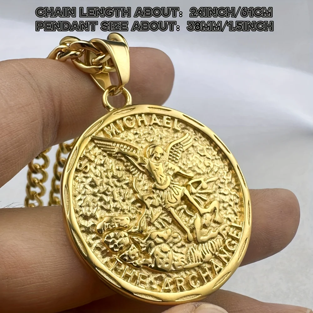 Archangel Michael Dragon-Slayer Gold-Plated round Pendant Necklace Engraved Relief 316L Stainless Steel Retro Hip Hop Amulet Jew