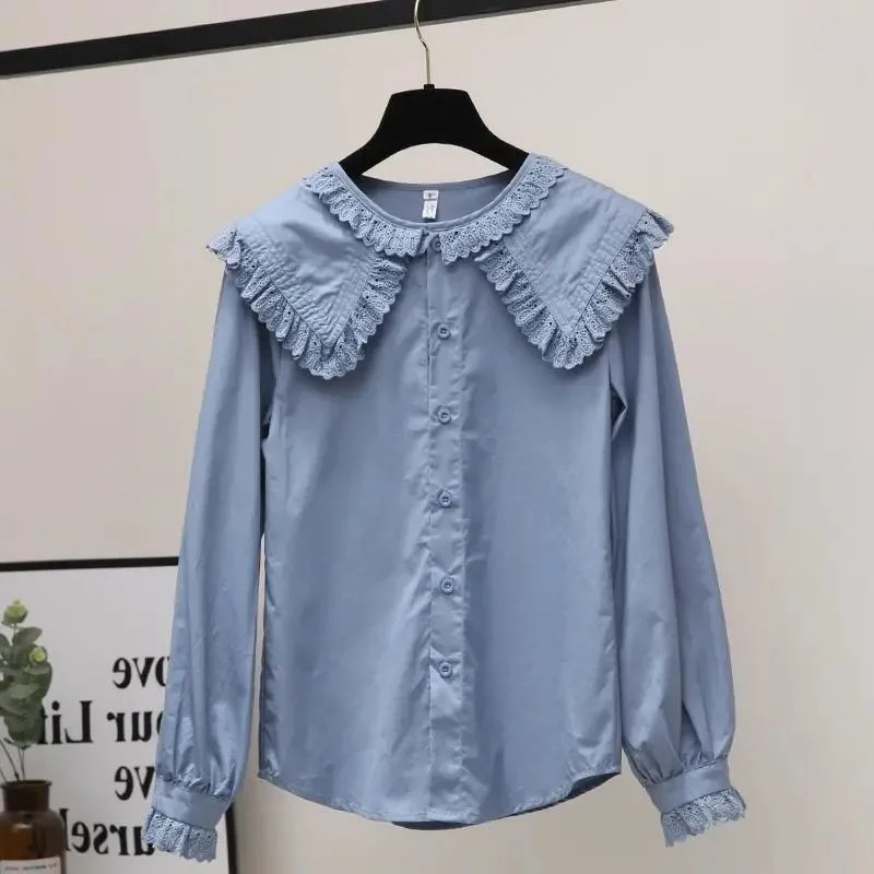 Spring Autumn Large Turndown Collar Shirt Women's Sweet Lace Doll Collar Long Sleeve Top Loose Single Breasted Versatile Blouse