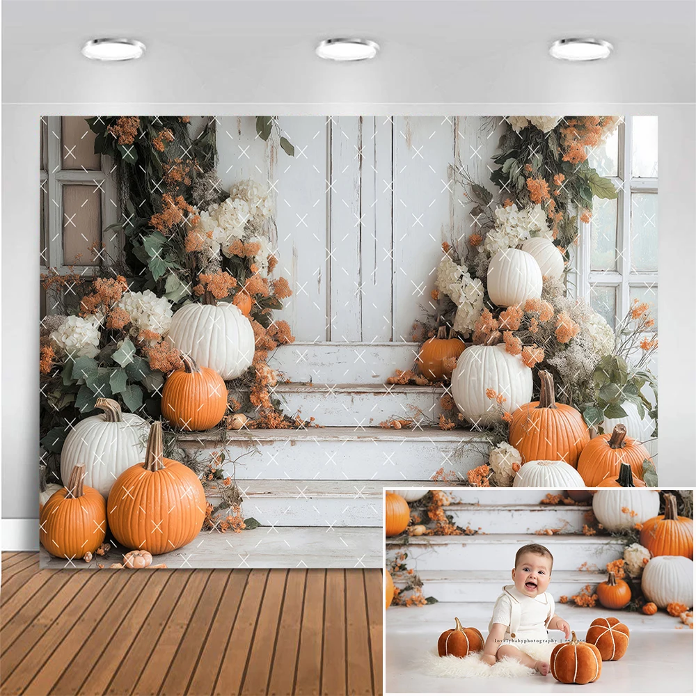 

Fall Pumpkin Steps Decor Photography Backdrop Thanksgiving Backgrounds Kids Cake Smash Photocall Photo Studio Props Banner