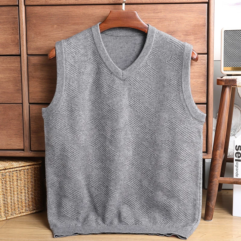 

Sweater Vest Men Thicken V-neck Sleeveless Knitted Vests Anti-Pilling Knitted Waistcoat Ingot Needle Jacquard Solid Color