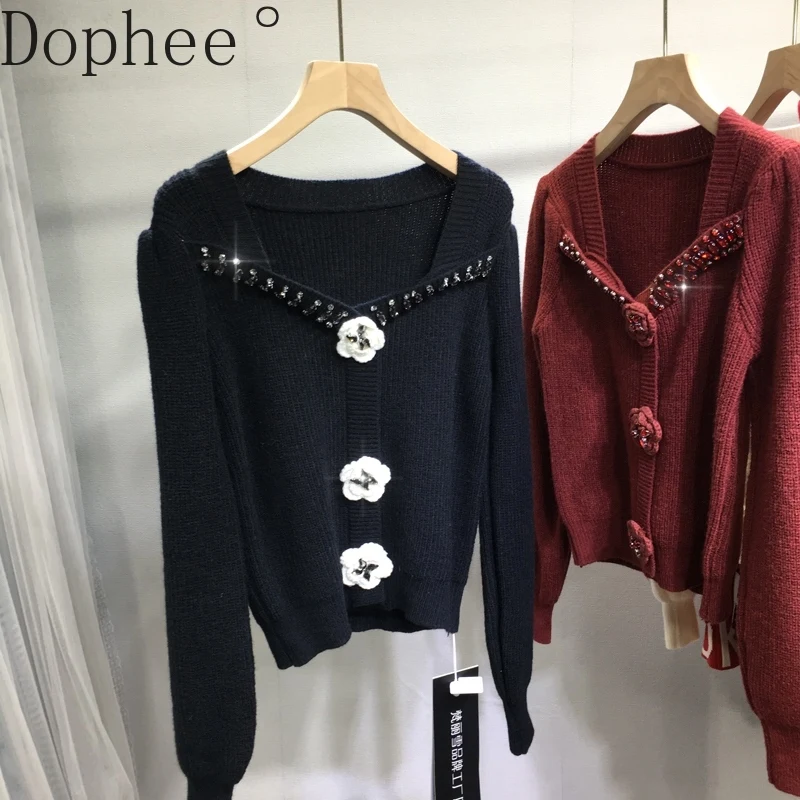 Fashion Lady Beads Diamonds Female Sweater New Autumn Winter Square Collar Short Knitted Cardigans Top Elegant Women Knit Shirts