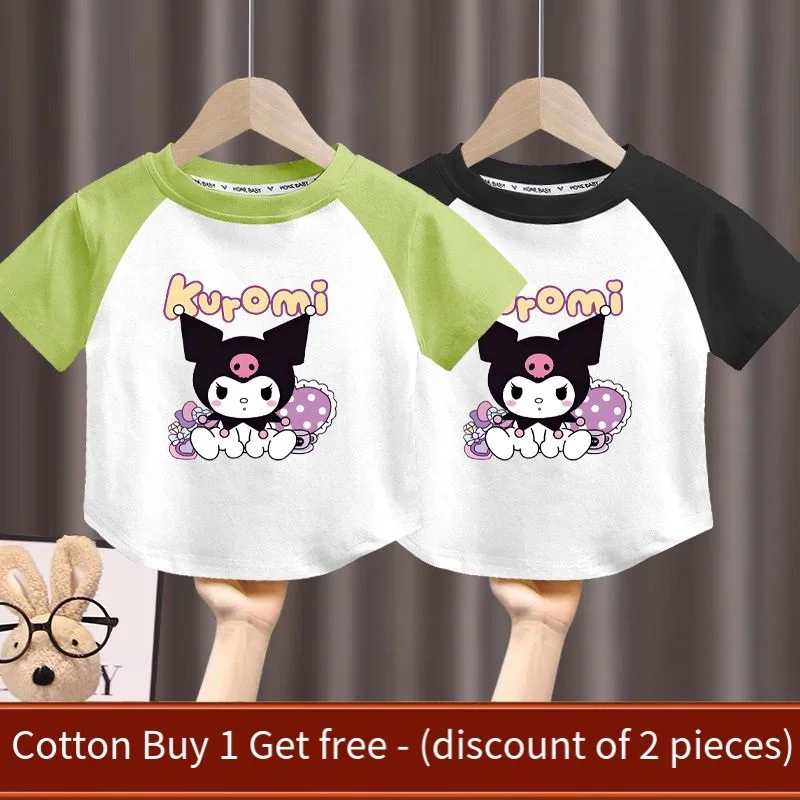 Anime Sanrios Kuromi dzieci z krótkim rękawem dziewczęce modne bawełniane t-shirt z kreskówkowym pół rękawem letnie luźne góra ubrania dla dzieci